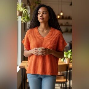 Oversized Cropped Knit Short Sleeve V- Neck Sweater by Greige